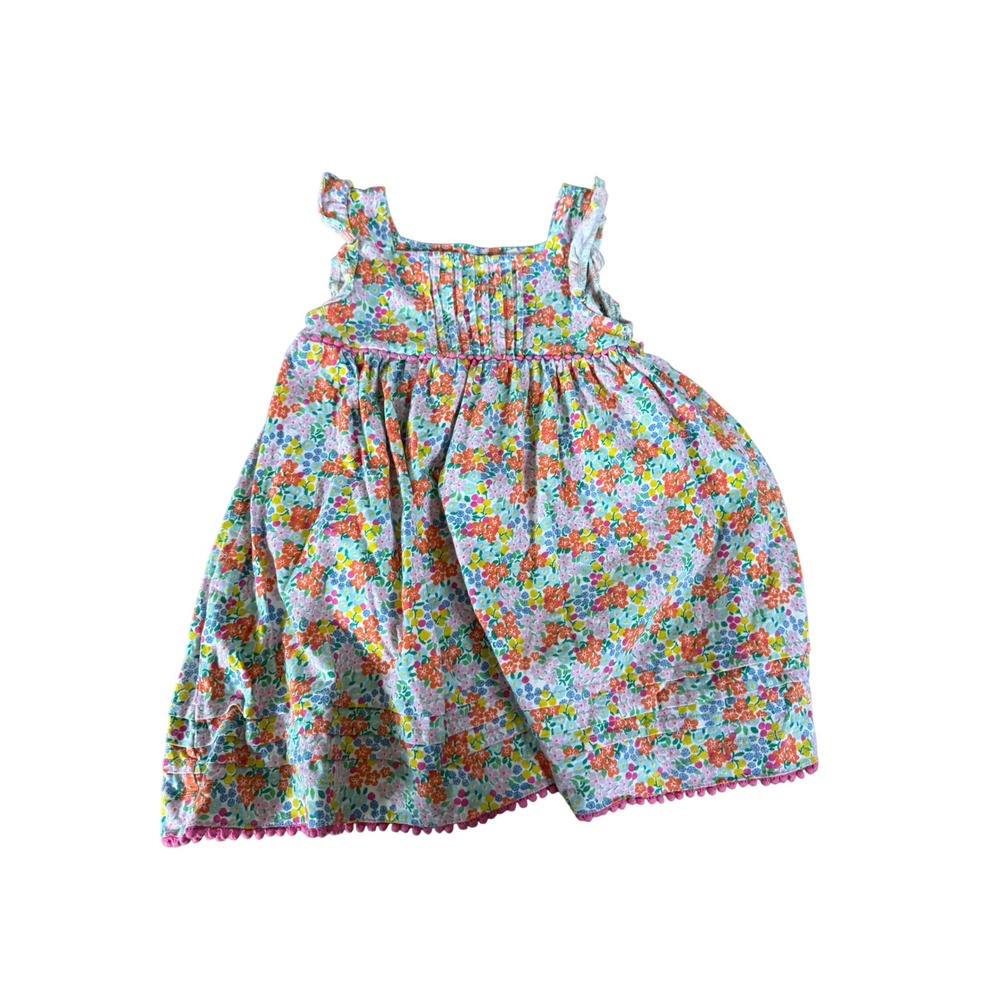 Mini Boden Girls Floral Sleeveless Dress Pleated Pom Pom Trim Multi Color 3-4Y